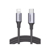 Cable USB-C a Lightning | 1 Metro | Certificado MFi | Carga Rápida 60W | 480 Mbps | Conector C94 | Adecuado para iPhone, iPad y iPod | Protección Integrada | Caja de Aluminio | Nylon Trenzado | Color Negro | 2 años de Garantía