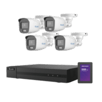 Kit TurboHD 1080p + SSD 500 GB / DVR 4 Canales / 4 Cámaras Bala ColorVu con Micrófono Integrado / Fuente de Poder / Accesorios de Instalación