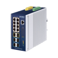 Switch Industrial Capa 3 de 8 Puertos 10/100/1000T PoE 802.3bt, 2 Puertos SFP 1 G/2.5 G, 4 Puertos SFP 10G, Instalación en Pared o Puerto DIN.