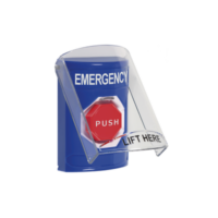 Botón de Emergencia con Bocina de Advertencia Integrada, Texto en Inglés, Tapa Protectora de Policarbonato Súper Resistente, Restablecimiento con Llave