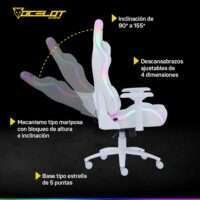 SILLA OCELOT GAMING ORGB-WHITE THUNDRA / VINIPIEL / RGB / BASE METALICA AJUSTABLE / DESCANSABRAZOS 4D / PISTON CLASE 4 / RECLINABLE 90-155 GRADOS / HASTA 150KG / COJINES LUMBAR Y CERVICAL / COLOR BLAN