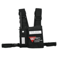CPPTXP-p.png Pechera Universal con soporte para radio, sostén de bolígrafo y seguridad para la bolsa con cinta adherente. Logo TX-PRO.