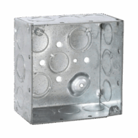 HUB232-p.png Caja Cuadrada Galvanizada de 4" x 4", profundidad de 2 1/8". Cuenta con 10 KO de 1/2" y 6 TKO (1/2" - 3/4"))