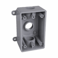 HUBPSB37550GY-p.png Caja Impermeable de 1 Gang / Profundidad de 2"/ Cuenta con 3 Salidas roscadas para tubería de 1/2" ó 3/4"/ Color Gris.