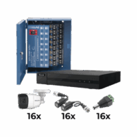 KIT TurboHD 1080p / DVR 16 Canales / 16 Cámaras Bala Policarbonato con Microfono (exterior 2.8 mm) / Transceptores / Conectores / Fuente de Poder Profesional