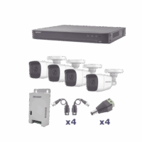 KIT TurboHD 1080p / DVR 4 Canales / 4 C?maras Bala Policarbonato con Audio Integrado (exterior 2.8 mm) / Transceptores / Conectores / Fuente de Poder Profesional