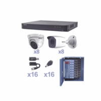 KIT TurboHD 1080p / DVR 16 Canales / 8 Cámaras Bala (exterior 2.8 mm) / 8 Cámaras Eyeball (exterior 2.8 mm) / Transceptores / Conectores / Fuente de Poder Profesional