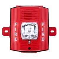 P2RK.jpg Sirena con Lámpara Estroboscópica / para Exterior / a 2 Hilos / Montaje en Pared / 12 o 24 Vcd / Configuración Estroboscópica Seleccionable / Texto en Inglés / Incluye Caja de Montaje / Color Rojo