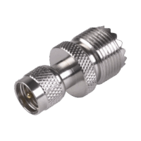 RFU621-p.png Adaptador en Línea de Conector Mini UHF Macho a UHF Hembra (SO-239), Níquel/ Oro/ Teflón.