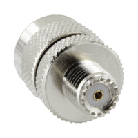 RFU626-p.png Adaptador en Línea de Conector Mini UHF Hembra a UHF Macho (PL-259), Níquel/ Oro/ Teflón.