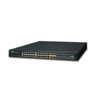 SGS634124P4X-p.png Switch Administrable L3 Stacking 10/100/1000T 24 puertos PoE802.3at, 4 puertos 10G SFP+ 370 W